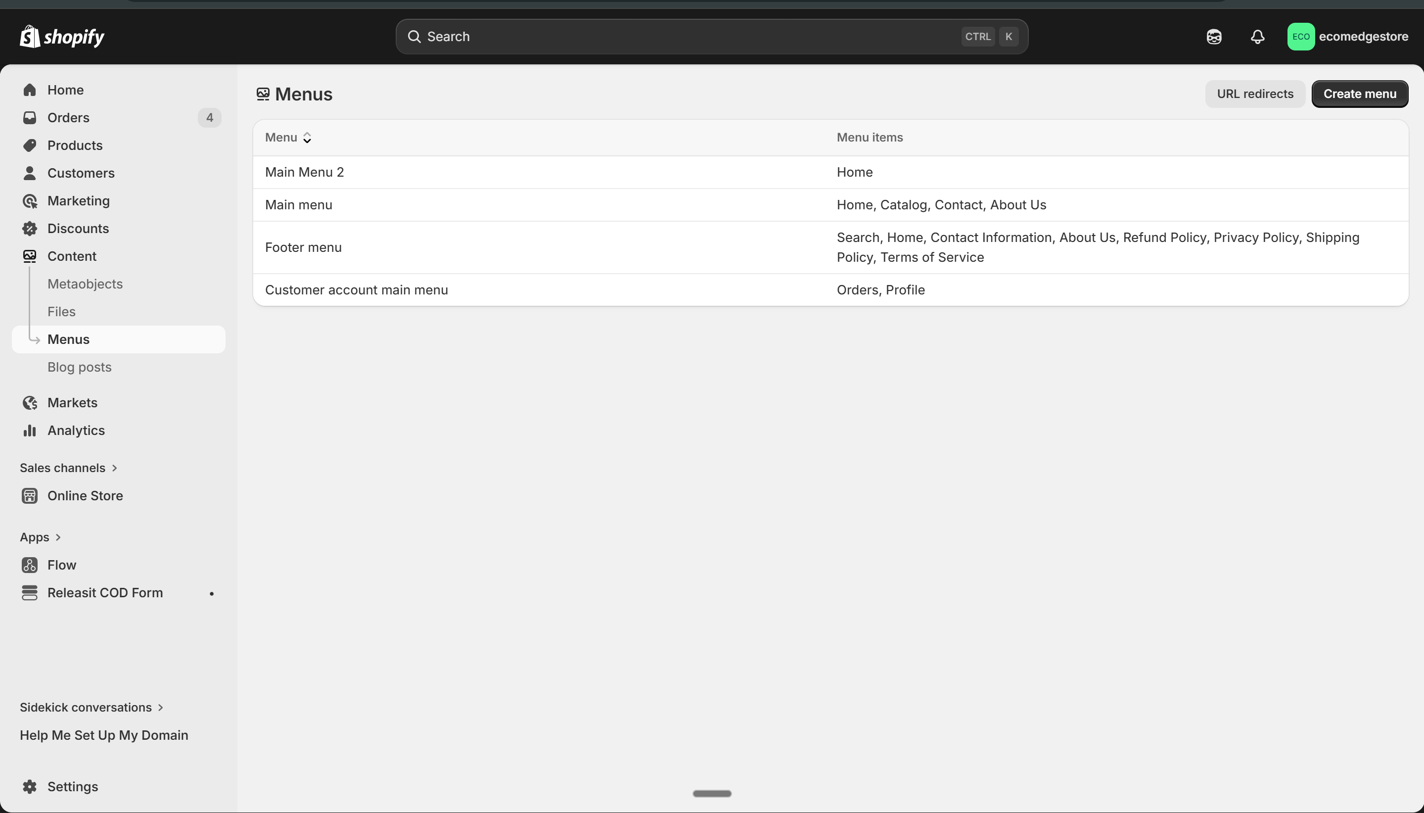 Menus listing — Main menu, Footer menu, Customer account menu